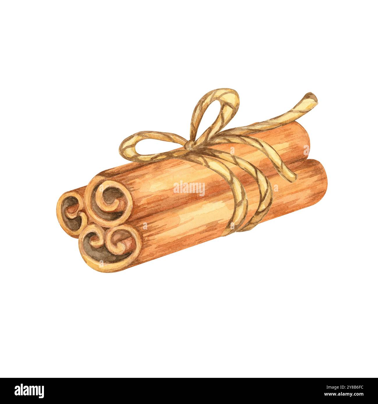 Tre bastoncini di cannella con un arco di spago rustico giallo. Clipart di acquerello delle spezie isolato. Questa opera d'arte è perfetta per il confezionamento delle vacanze, il branding dei prodotti fatti a mano e il design degli arredi stagionali Foto Stock