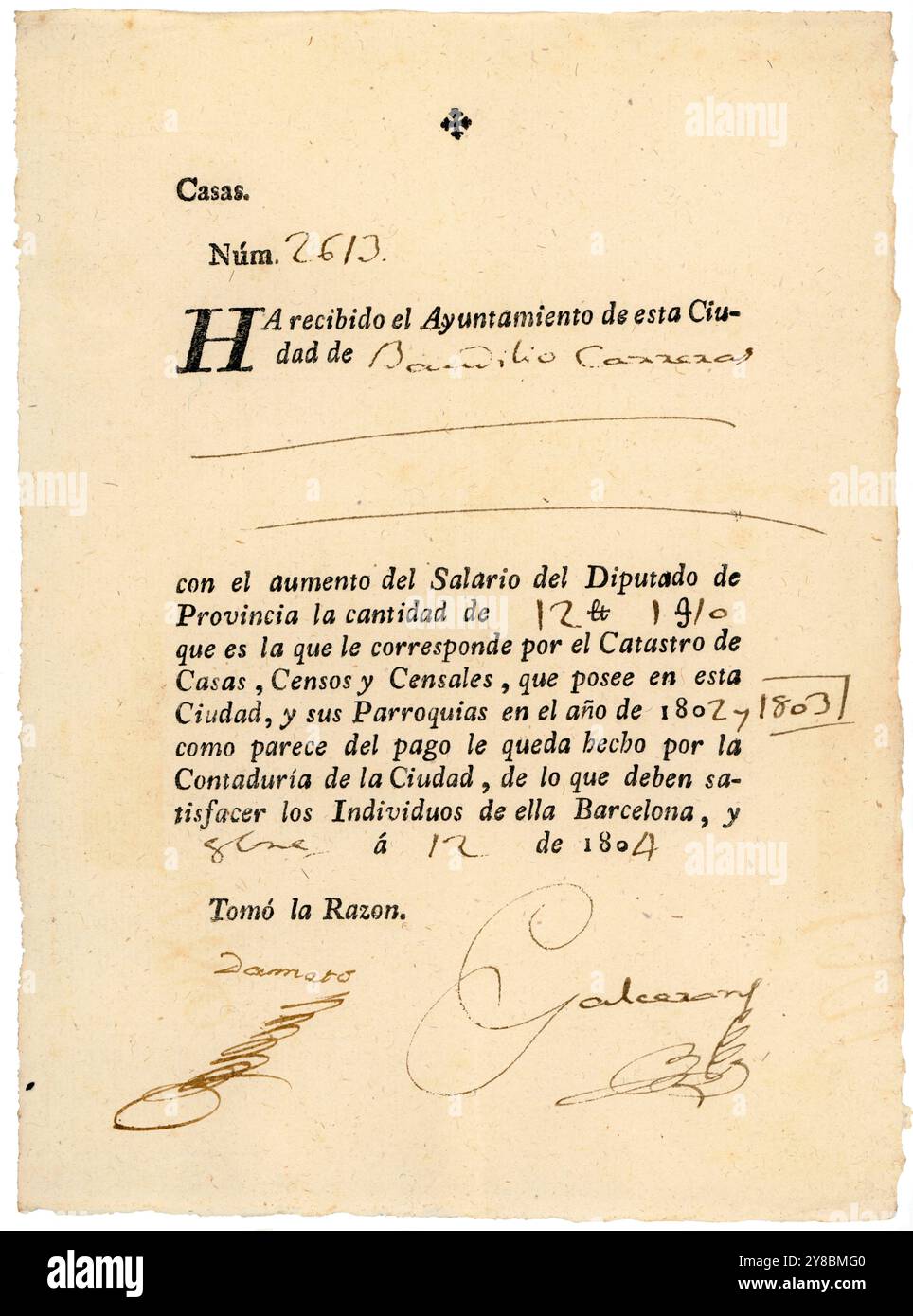 España. Barcellona. Recibo del catastro del Ayuntamiento de Barcelona, enero de 1804. Foto Stock