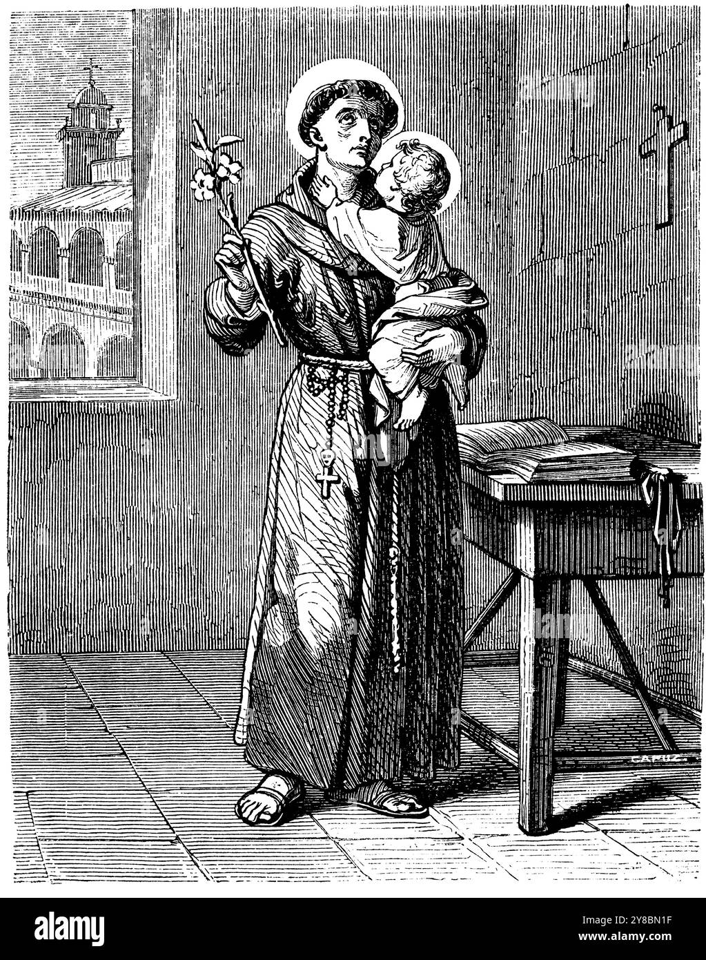 San Antonio de Padova (1195-1231), confesor, sacerdote de la Orden Franciscana, predicador y teólogo portugués, venerado como santo y Doctor de la Iglesia. Grabado de 1852. Foto Stock