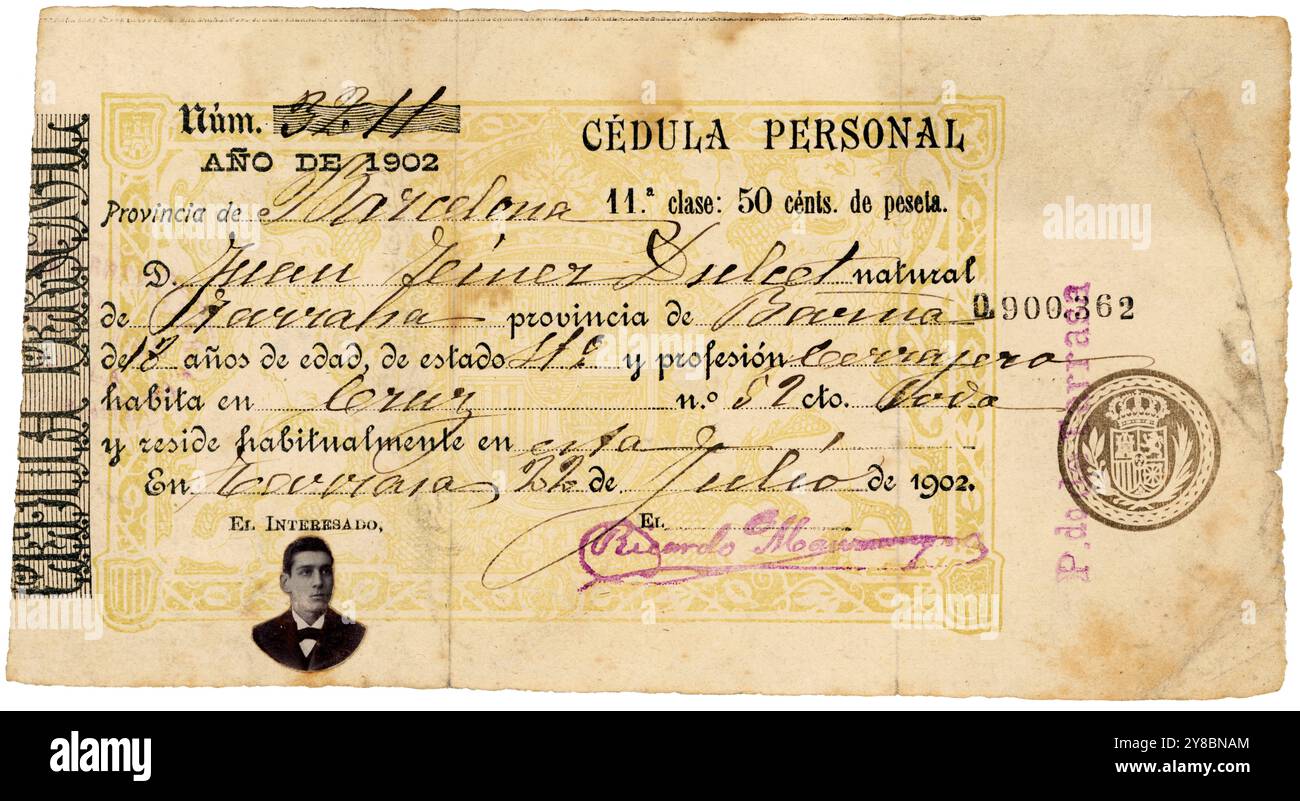 España. Catalunya. Cédula personal de identidad expedida por el Ayuntamiento de Tarrasa, año 1902. Foto Stock