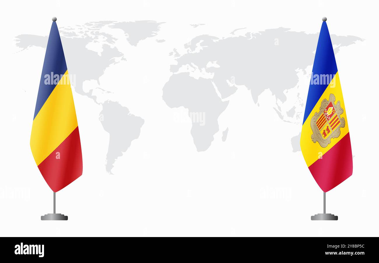 Bandiere della Romania e di Andorra per la riunione ufficiale sullo sfondo della mappa mondiale. Illustrazione Vettoriale