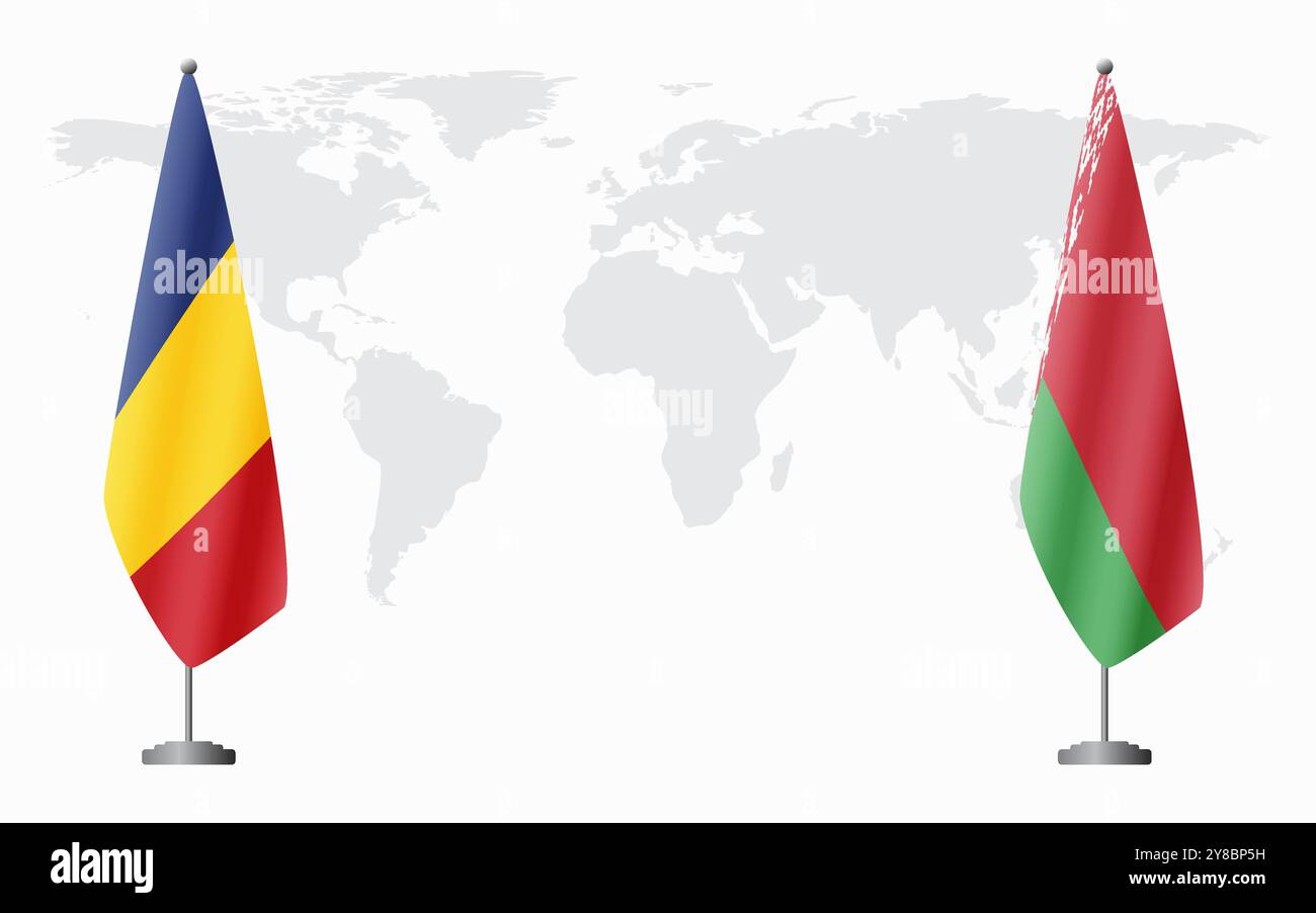 Bandiere rumene e bielorusse per riunioni ufficiali sullo sfondo della mappa mondiale. Illustrazione Vettoriale