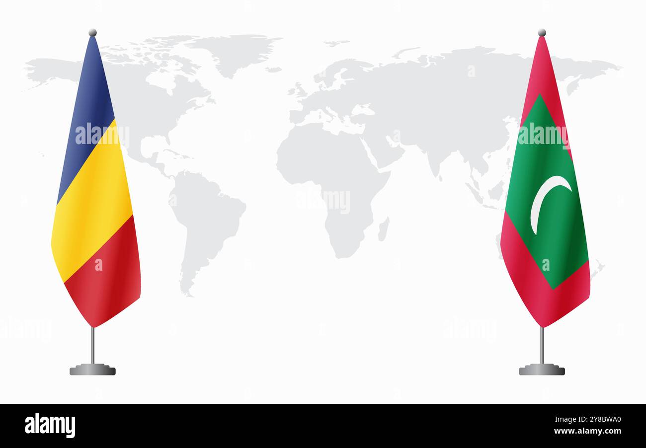 Bandiere della Romania e delle Maldive per la riunione ufficiale sullo sfondo della mappa mondiale. Illustrazione Vettoriale