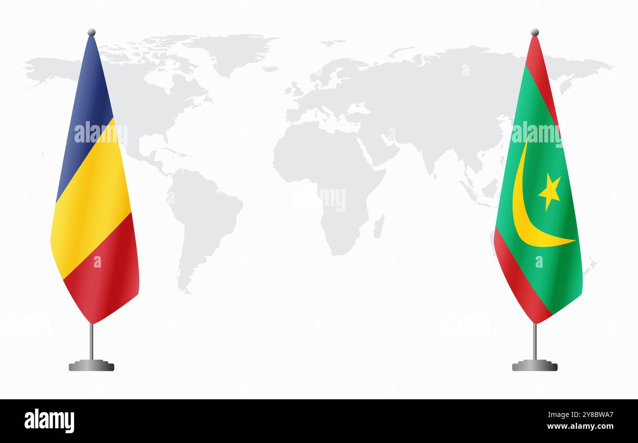 Bandiere della Romania e della Mauritania per la riunione ufficiale sullo sfondo della mappa mondiale. Illustrazione Vettoriale