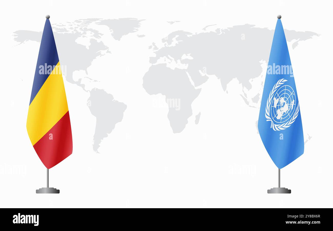 Bandiere della Romania e delle Nazioni Unite per la riunione ufficiale sullo sfondo della mappa mondiale. Illustrazione Vettoriale