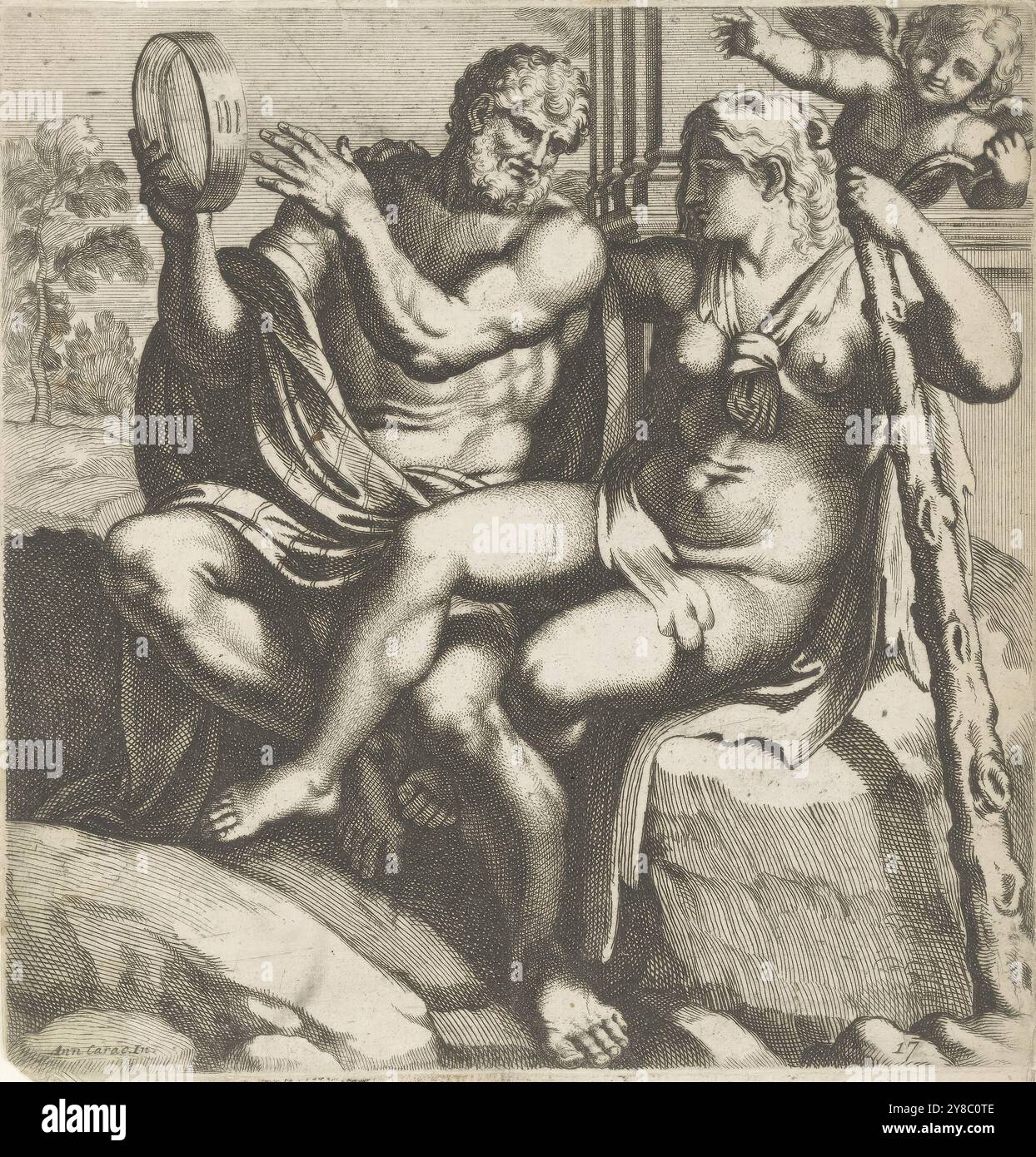 Ercole e Iole, dipinti a Palazzo Farnese a Roma (titolo della collana), Ercole e Iole sono seduti su una roccia. Hercules suona un tamburello. Sullo sfondo c'è Amor con il suo arco., stampa, stamperia: Anonimo, dopo aver dipinto di: Annibale Carracci, (menzionato sull'oggetto), stamperia: Italia, dopo aver dipinto di: Roma, 1570 - 1659, carta, incisione, altezza, Ã 232 mm— larghezza, 221 mm Foto Stock