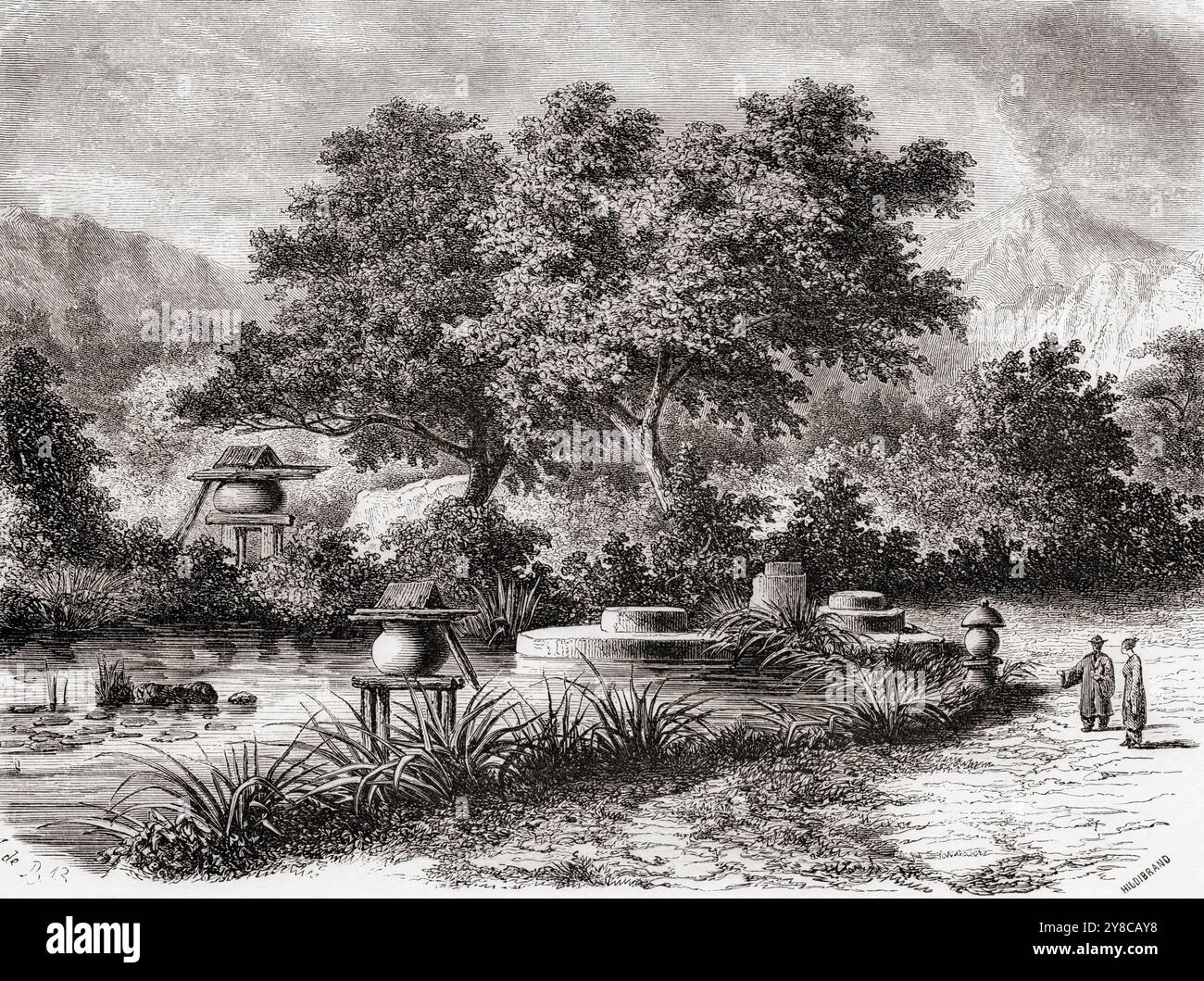Scena in un giardino pubblico da tè, Giappone, XIX secolo. Da le Tour du Monde, pubblicato Parigi, 1860. Foto Stock