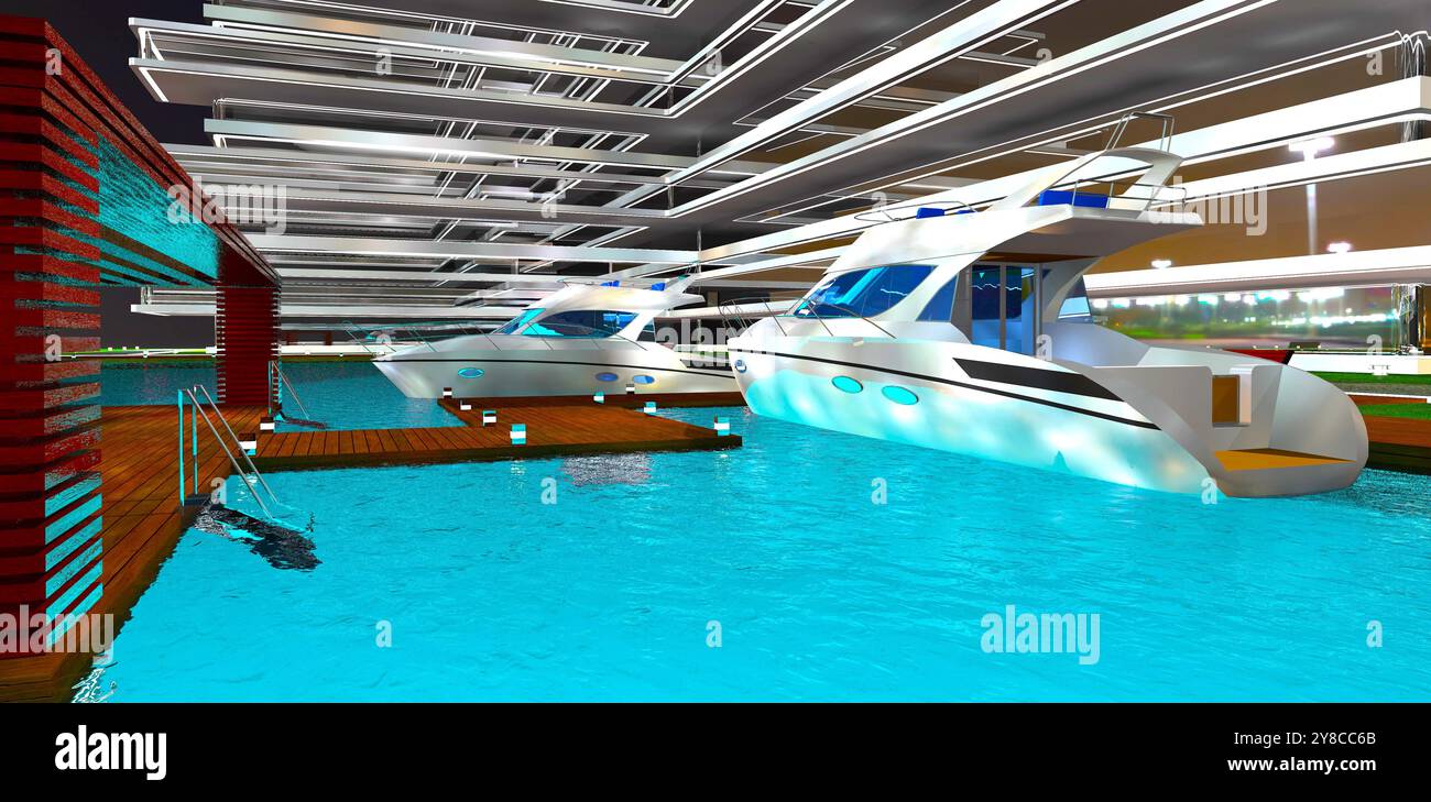 Due motoscafi attraccati in un molo di legno di notte sul terreno di un condominio d'élite costruito sulle rive di una baia tranquilla. Rendering 3D. Foto Stock
