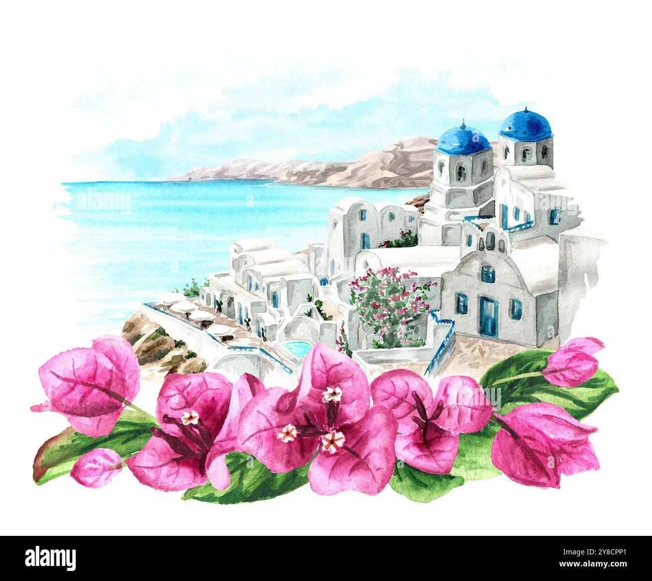 Cornice del ramo dei fiori di bouganville e isola di Santorini, Mediterraneo, Grecia. Illustrazione ad acquerello disegnata a mano, isolata su sfondo bianco Foto Stock