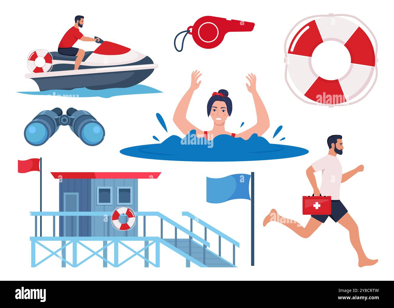 Set di attrezzature per bagnini da spiaggia. Annegamento umano, soccorritori sulla spiaggia. Torre bagnino, salvagente, binocolo, moto d'acqua. Illustrazione vettoriale Illustrazione Vettoriale