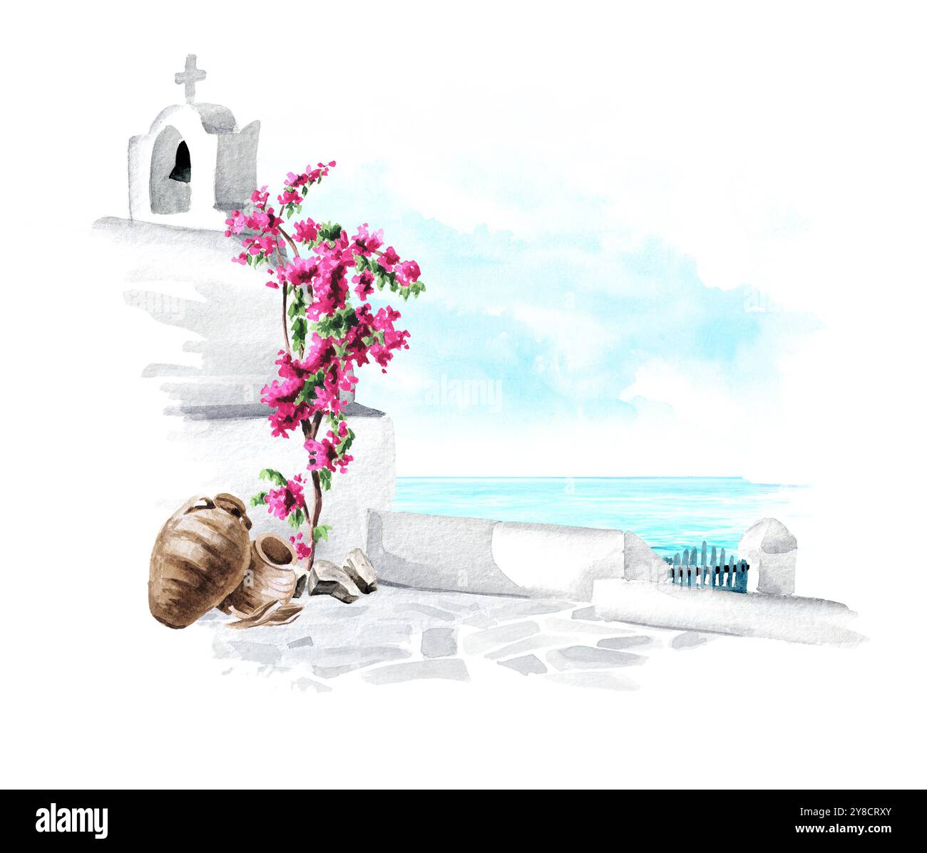 Elemento dell'architettura tradizionale greca della chiesa, Mediterraneo, Grecia. Illustrazione ad acquerello disegnata a mano isolata su sfondo bianco Foto Stock