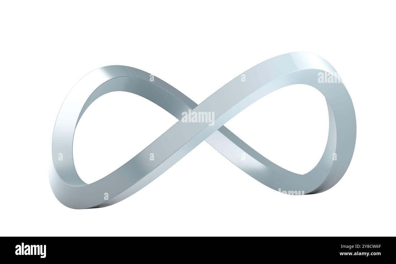 Simbolo a infinito argento che avvolge lo sfondo bianco isolato 3d. Foto Stock