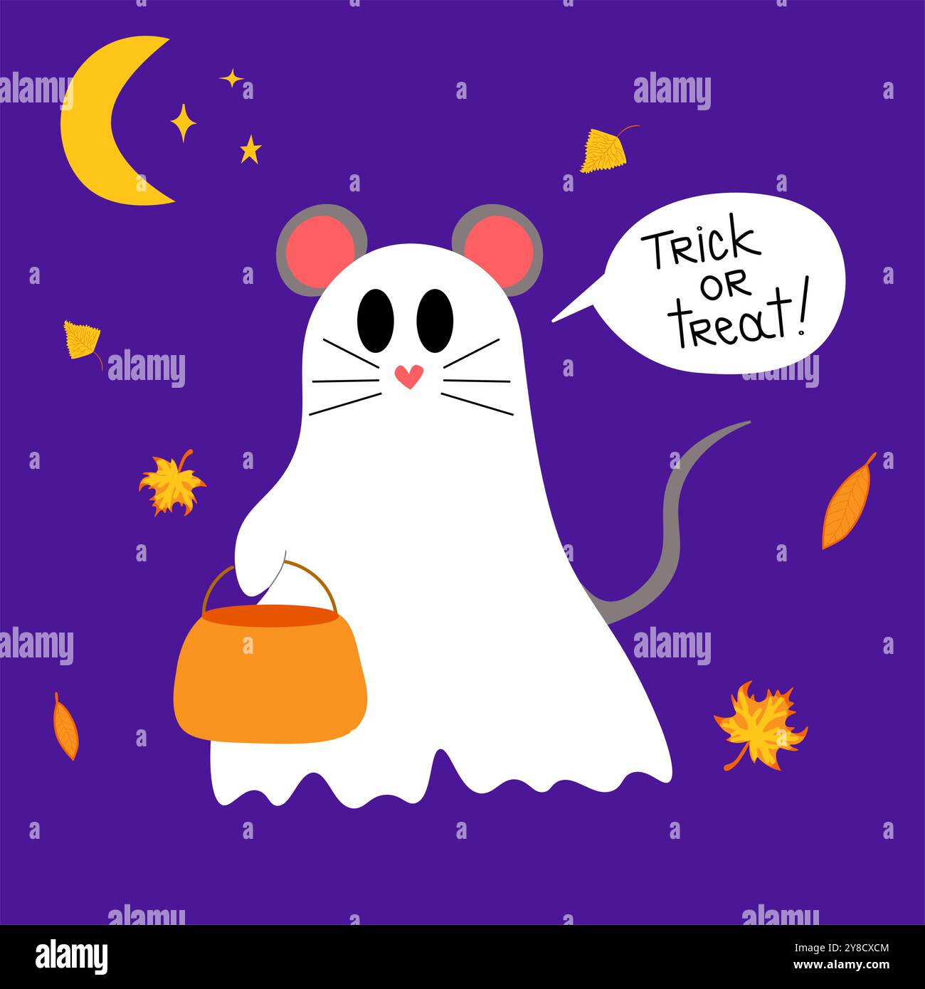 Simpatico fantasma galleggiante con cestino di zucca di Halloween per trucco o dolcetto. Divertente e spettrale personaggio di boo. Spettrale Phantom con un'espressione felice e sorridente del volto. È Illustrazione Vettoriale