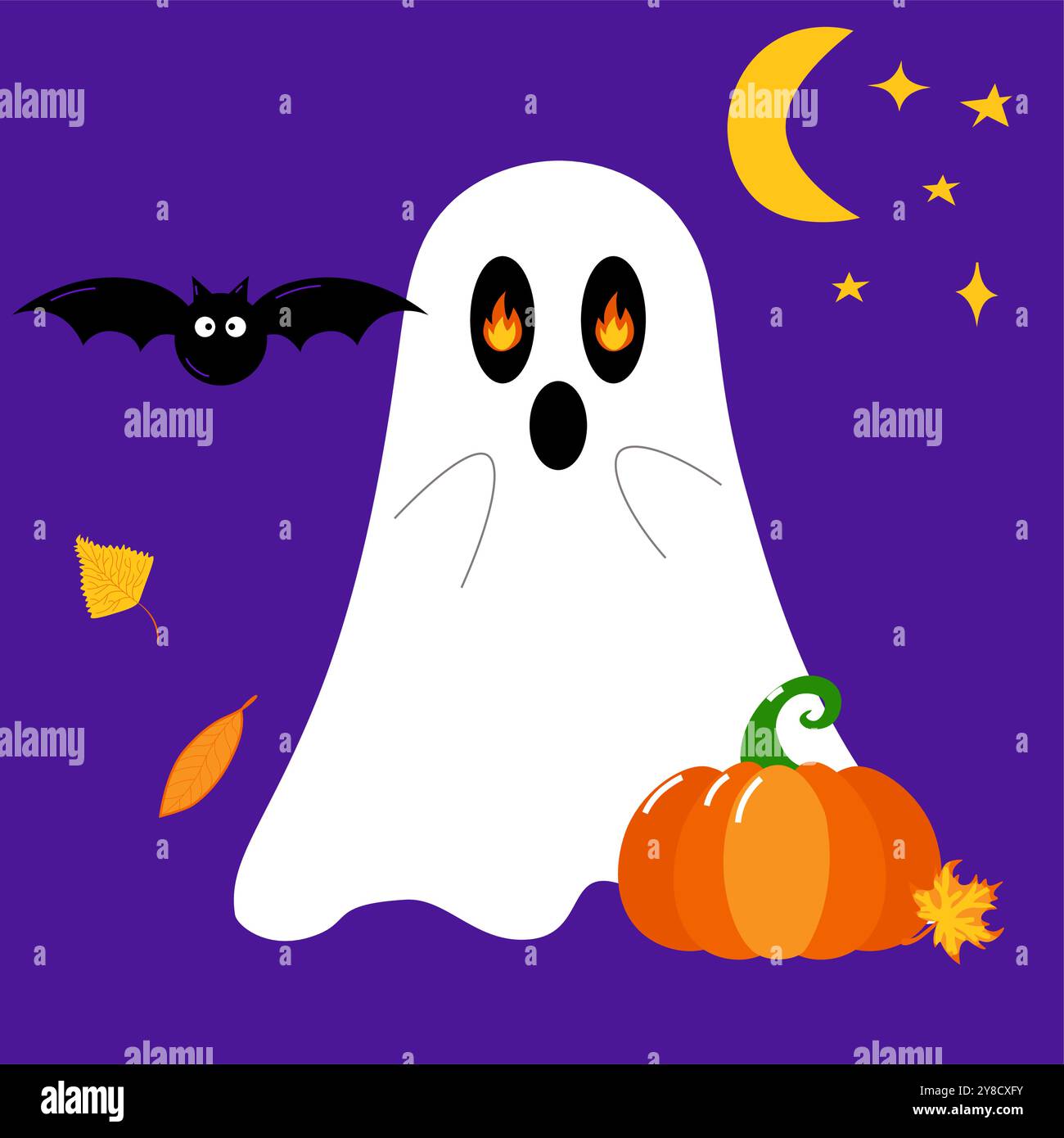 Fantasma di Halloween con una zucca e fuoco negli occhi. Composizione del progetto vettoriale su sfondo isolato. Stile cartoni animati. Illustrazione Vettoriale