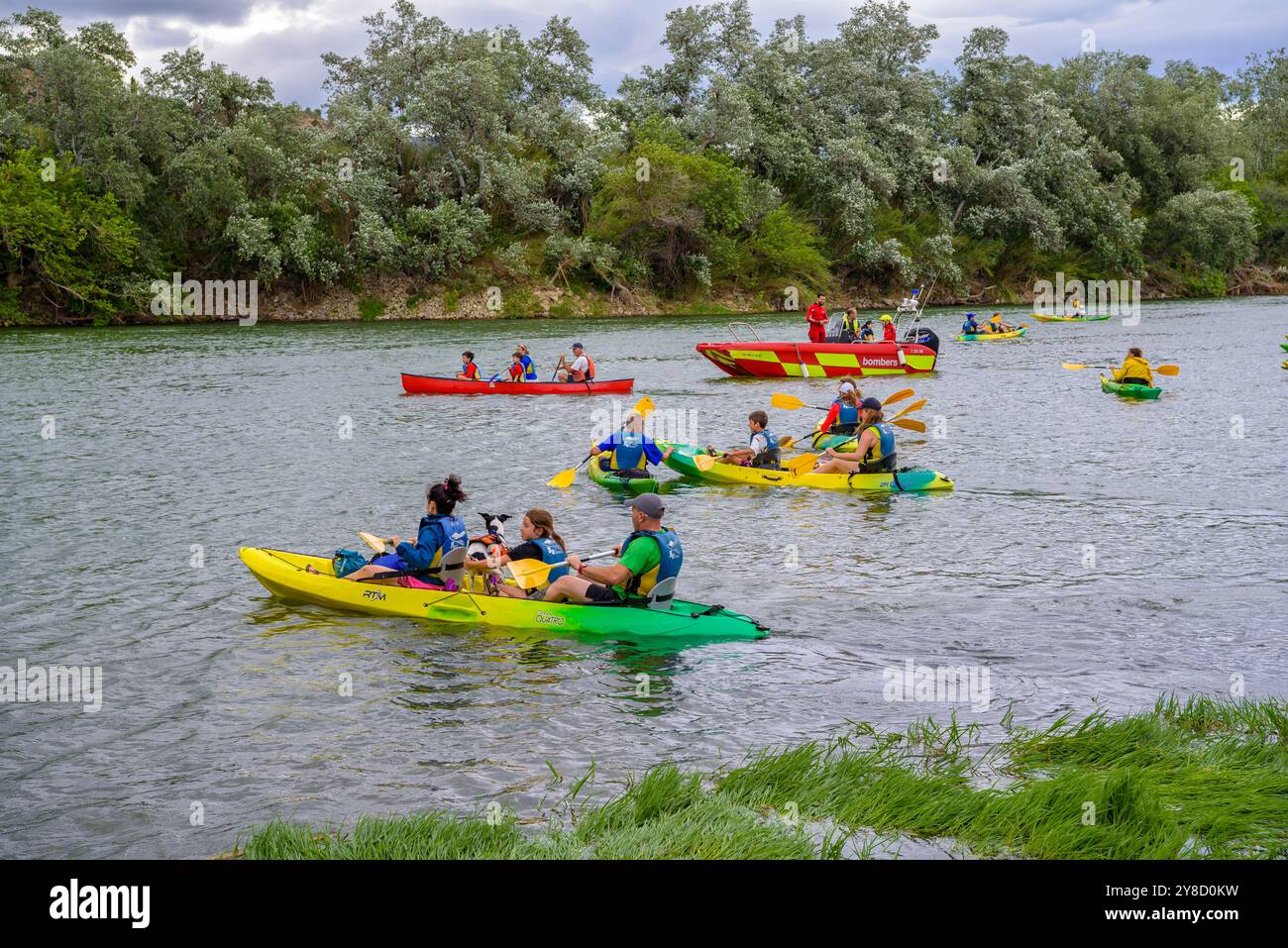 Kayak sul fiume Ebro sulla discesa in kayak della Plataforma en Defensa de l'Ebre (Tarragona, Catalogna, Spagna) ESP: Kayak en el Río Ebro Foto Stock