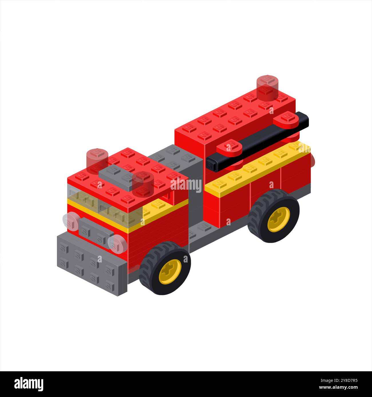 Camion antincendio in vista isometrica assemblato da blocchi di plastica. Illustrazione vettoriale Illustrazione Vettoriale
