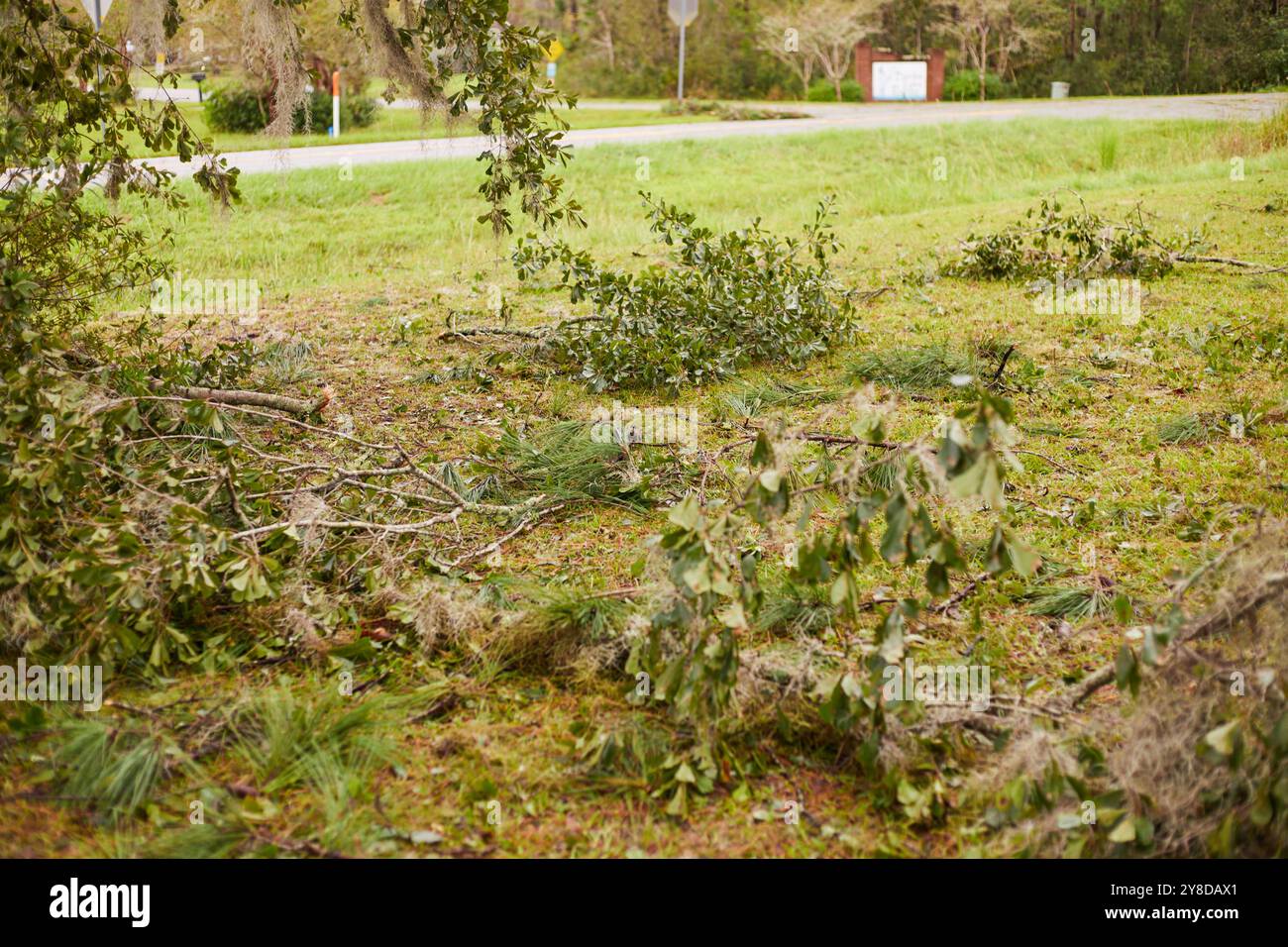 Danni alle proprietà dell'uragano Helene il giorno successivo all'impatto sulla Georgia del Sud, Stati Uniti, mostrando danni e detriti. Le conseguenze di un uragano di categoria 4! Foto Stock