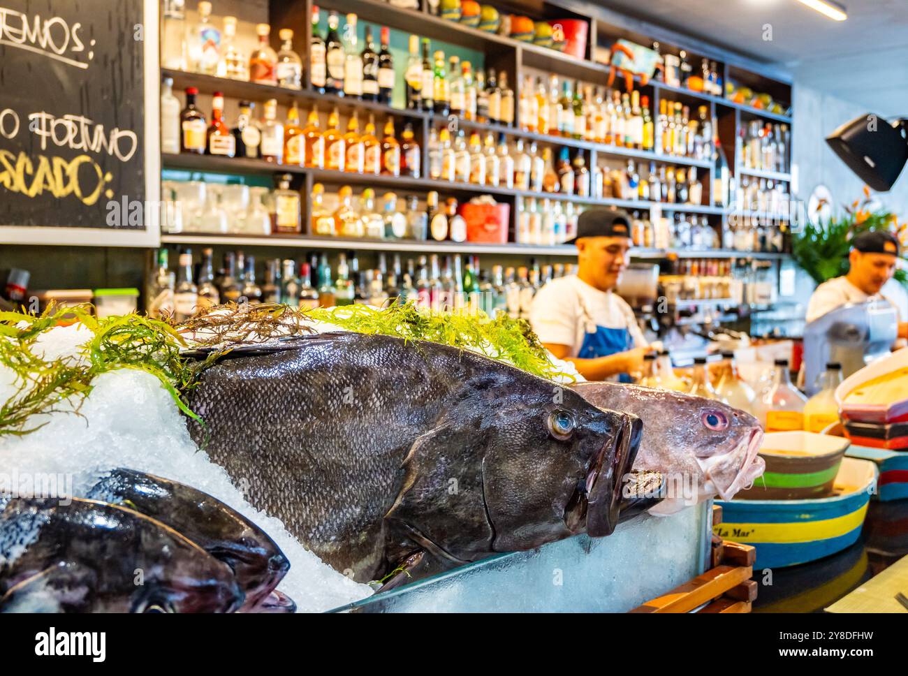 Pesce fresco e frutti di mare esposti al banco di un ristorante. Lima, Perù, Sud America. Foto Stock