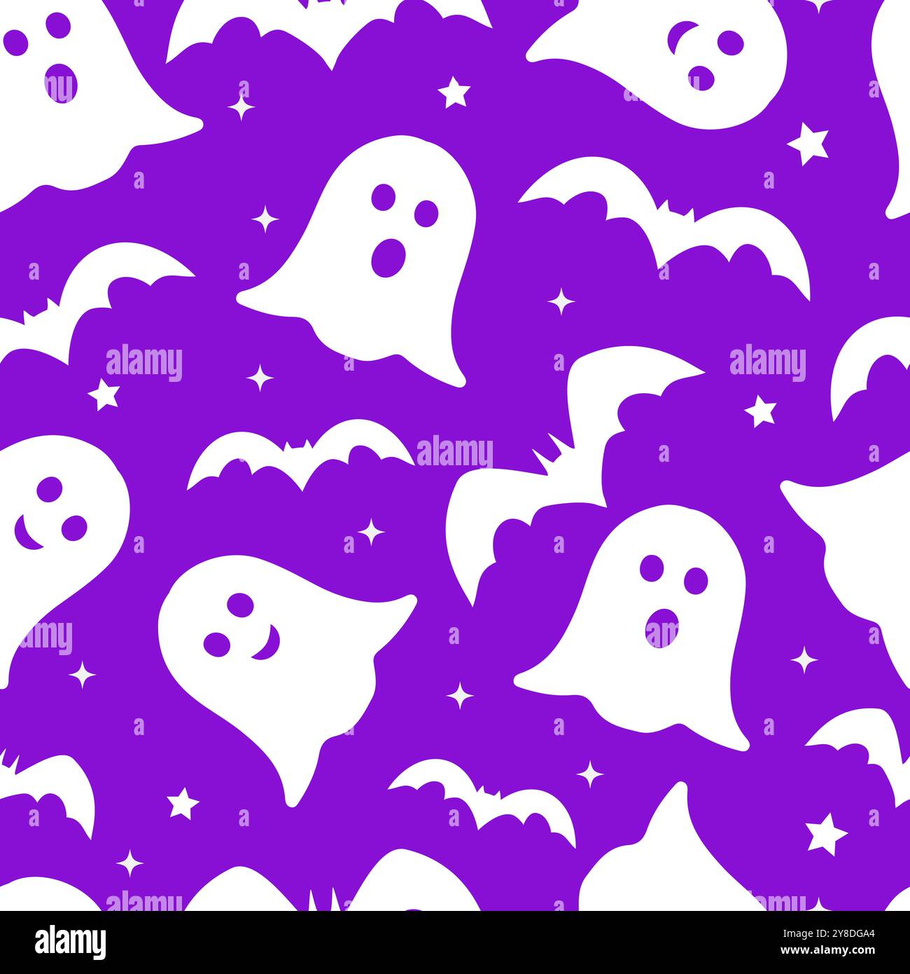 Halloween senza cuciture con simpatici fantasmi cartoni animati. Sfondo vettoriale per scrapbooking, tessuto, carta da imballaggio, ecc. Illustrazione Vettoriale