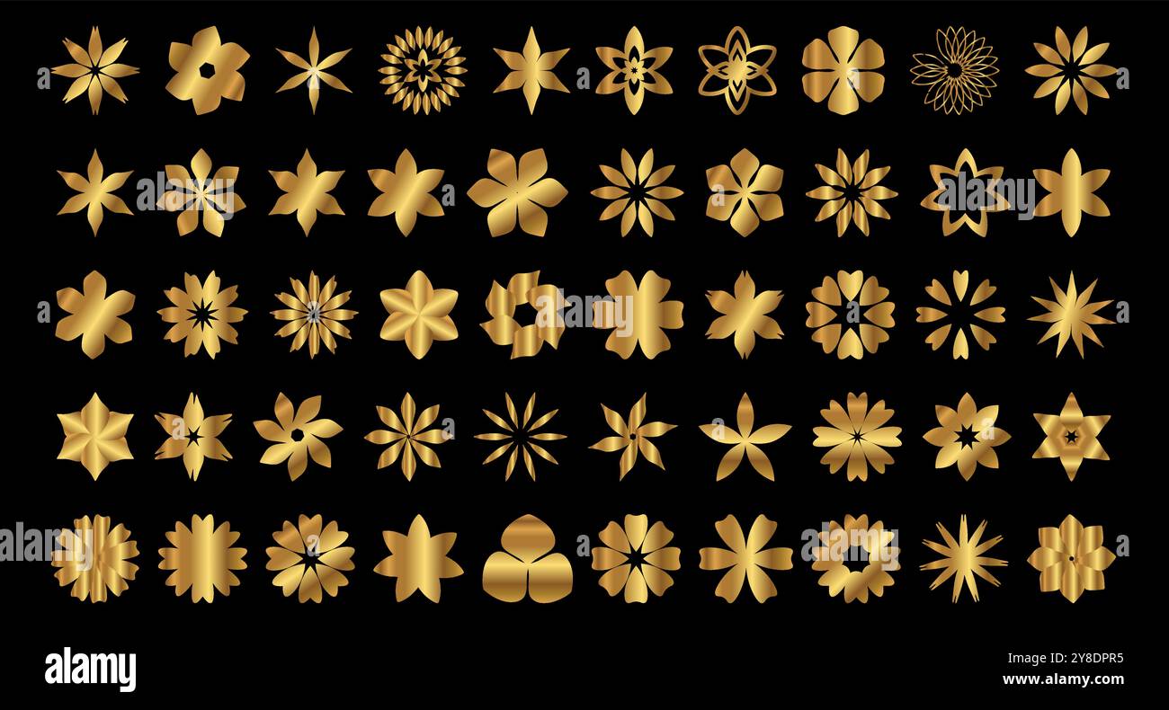 Set di fiori dorati con elementi semplici e accattivanti per la silhouette dei fiori Illustrazione Vettoriale