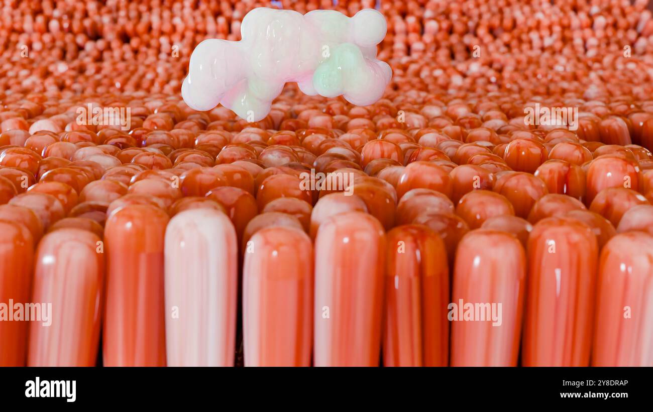 Digestione degli alimenti nella parete dell'intestino tenue, assorbimento di nutrienti, carboidrati e aminoacidi e lipidi nei capillari microvilli, cellule epiteliali, limp Foto Stock