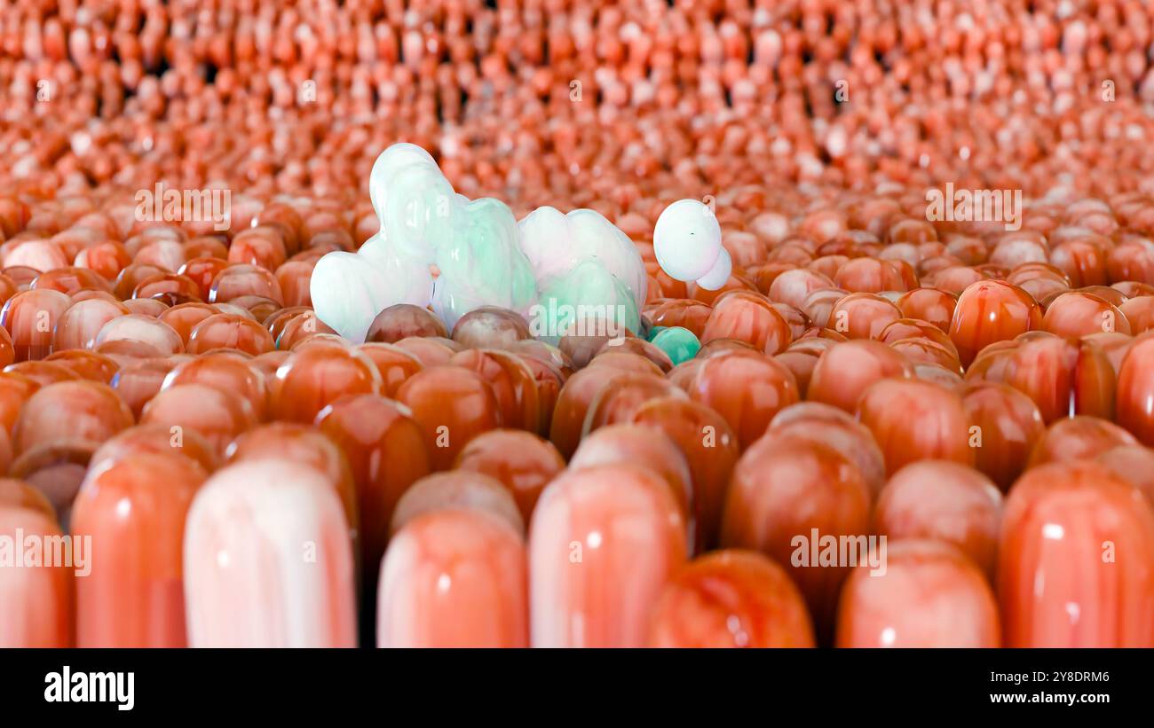 Digestione degli alimenti nella parete dell'intestino tenue, assorbimento di nutrienti, carboidrati e aminoacidi e lipidi nei capillari microvilli, cellule epiteliali, limp Foto Stock