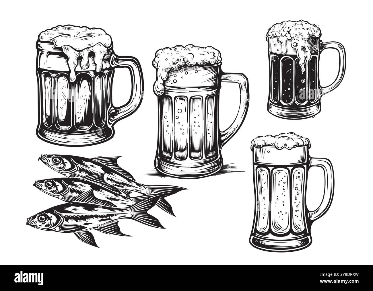 Bicchiere di birra, tazza. Illustrazione con incisione vettoriale vintage per Web, poster, invito alla festa. Elemento di design disegnato a mano isolato su sfondo bianco. Illustrazione Vettoriale