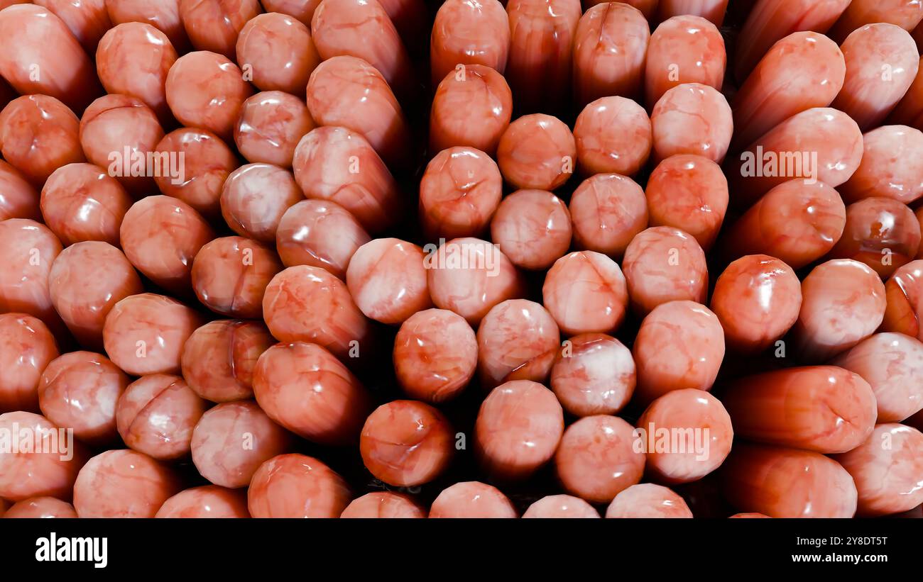 Digestione degli alimenti nella parete dell'intestino tenue, assorbimento di nutrienti, carboidrati e aminoacidi e lipidi nei capillari microvilli, cellule epiteliali, limp Foto Stock