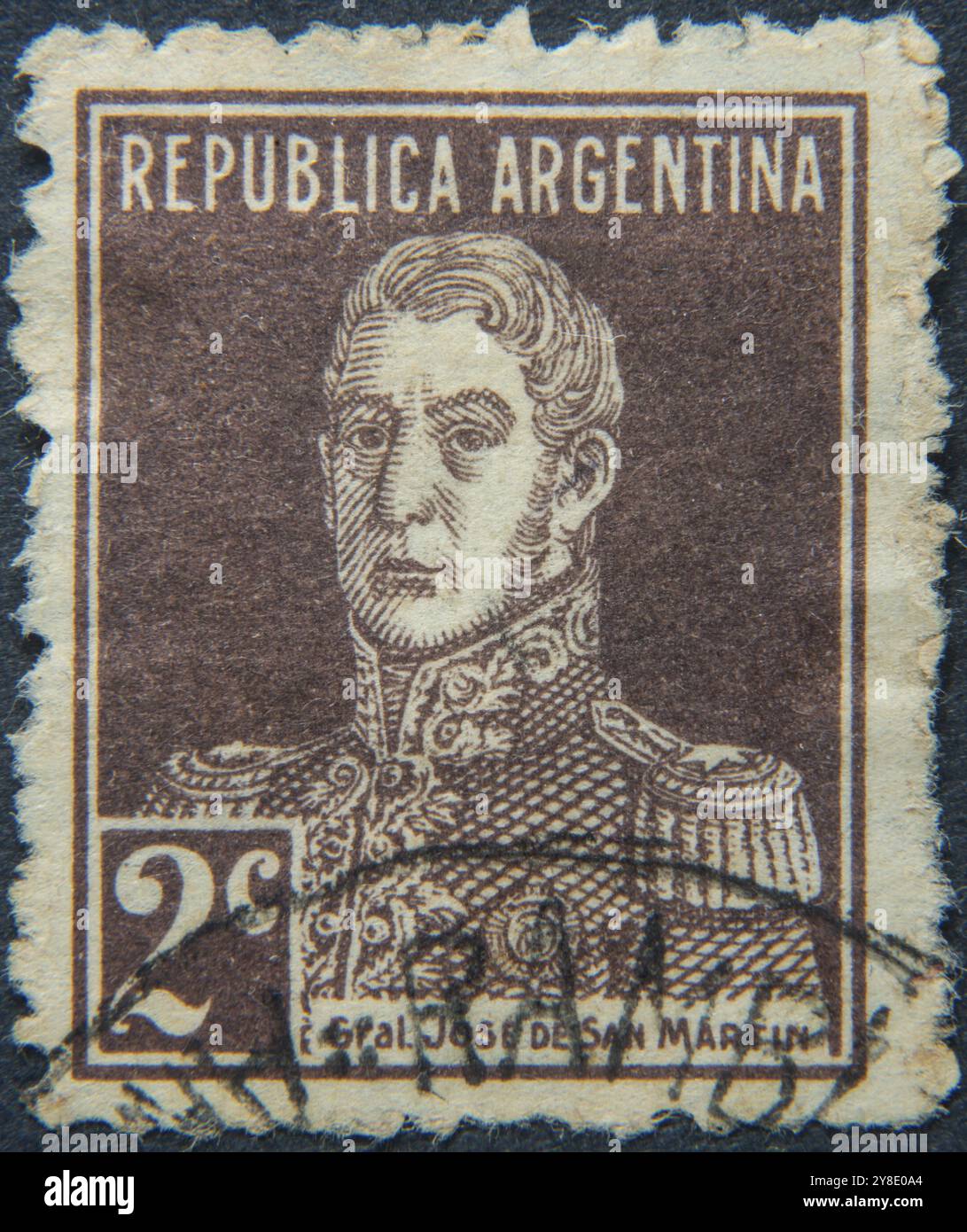 Jose de San Martin (1778, 1850) generale argentino che combatté per l'indipendenza del Sud America. Ritratto su francobollo argentino Foto Stock