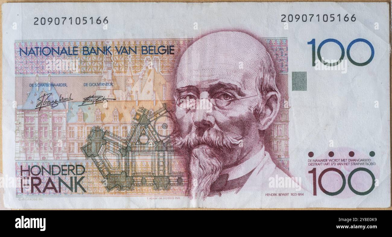 Hendrik Beyaert, (1823-1894) architetto belga, ritratto su vecchia banconota belga da 100 franchi Foto Stock