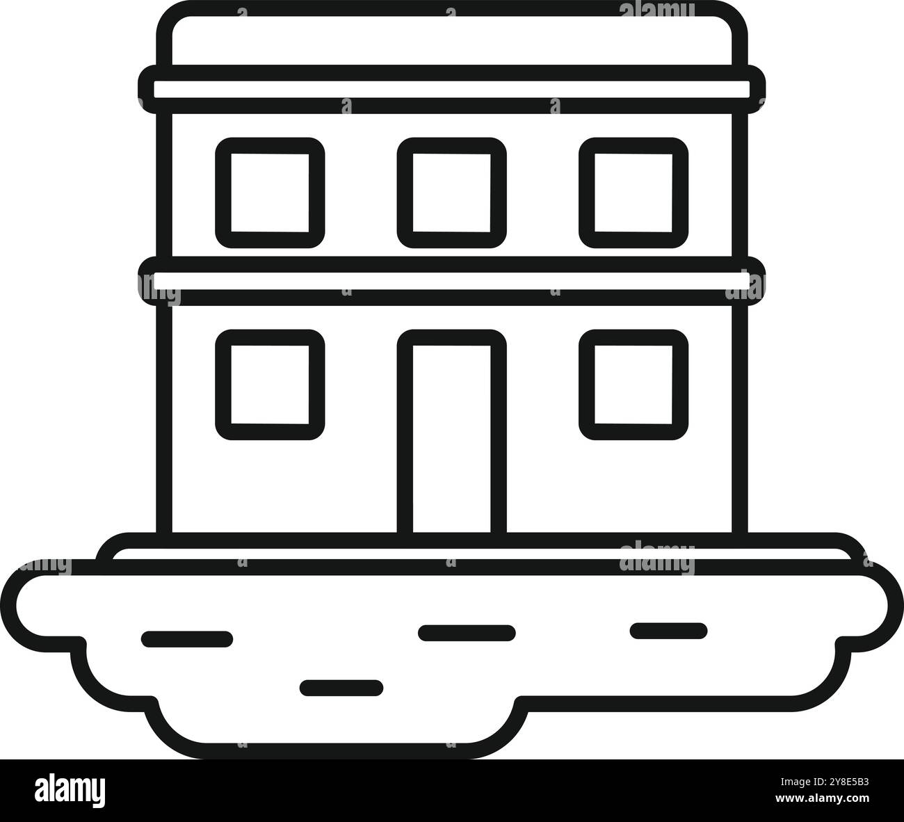 Semplice vettore di una casa a due piani che galleggia nell'aria con una porta e finestre Illustrazione Vettoriale