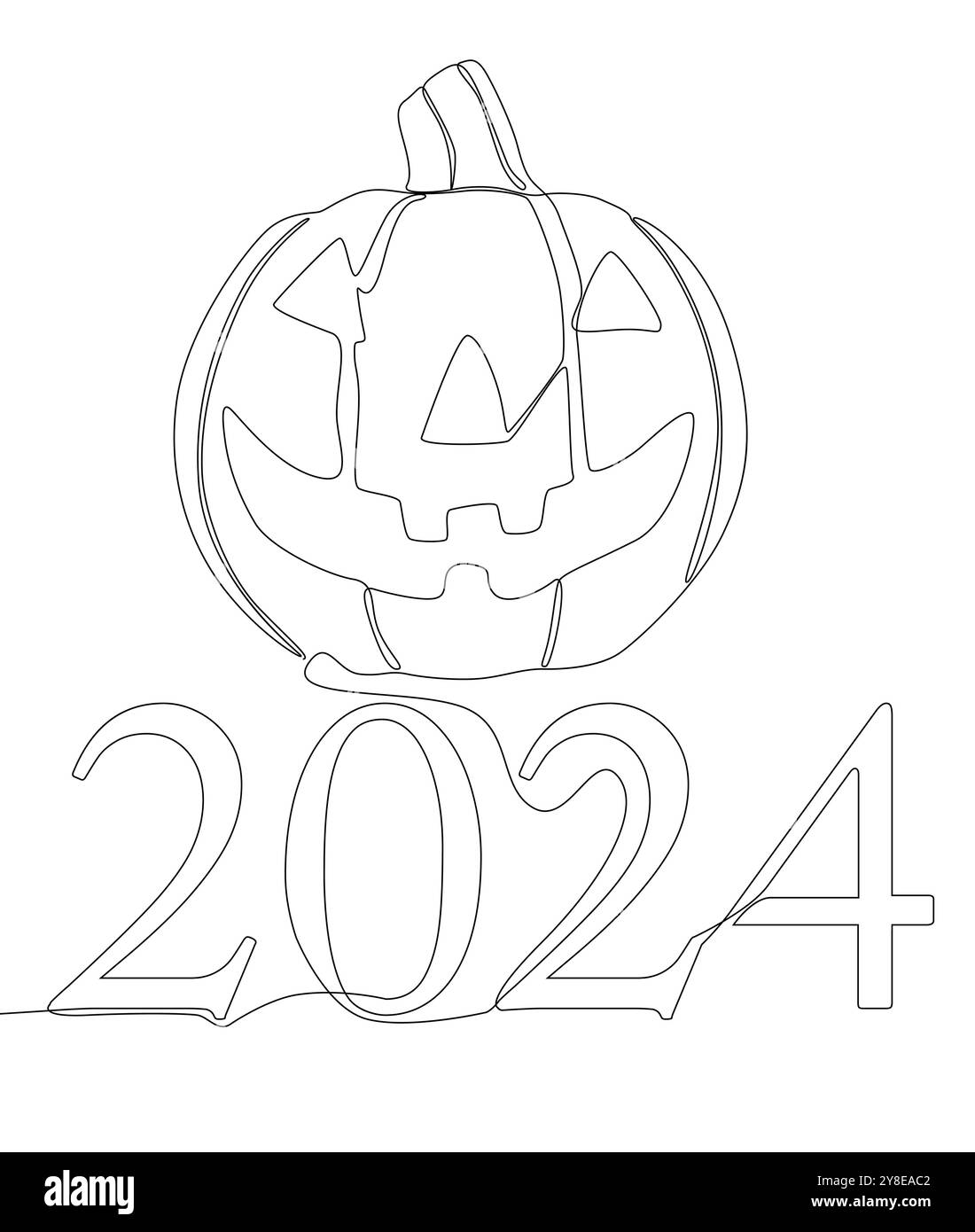 Una linea continua del numero 2024 e Halloween Jack o' Lantern Pumpkin. Concetto del vettore dell'illustrazione a linee sottili. Idee creative per il disegno dei contorni. Illustrazione Vettoriale