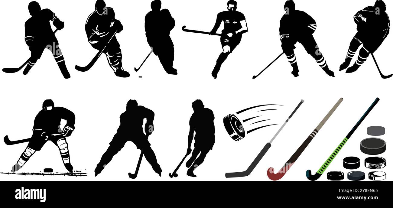 Giocatori di hockey, bastoncini da hockey su ghiaccio e Gross, puck da hockey su ghiaccio Illustrazione Vettoriale