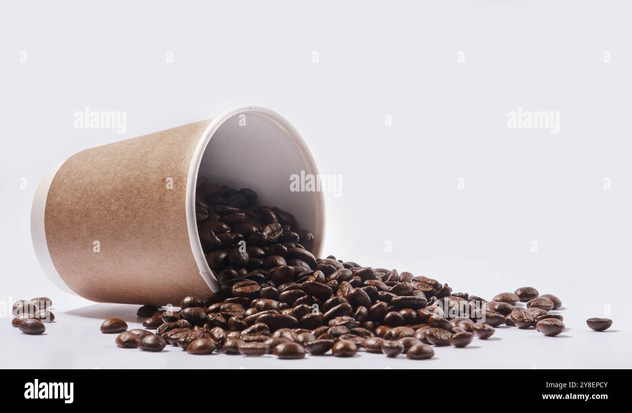 Monolocale, sparsi e caffè in grani con tazza per caffè, bistrot e ingredienti per bevande calde. Mockup space, robusta, semi e tostatura marrone di bianco Foto Stock