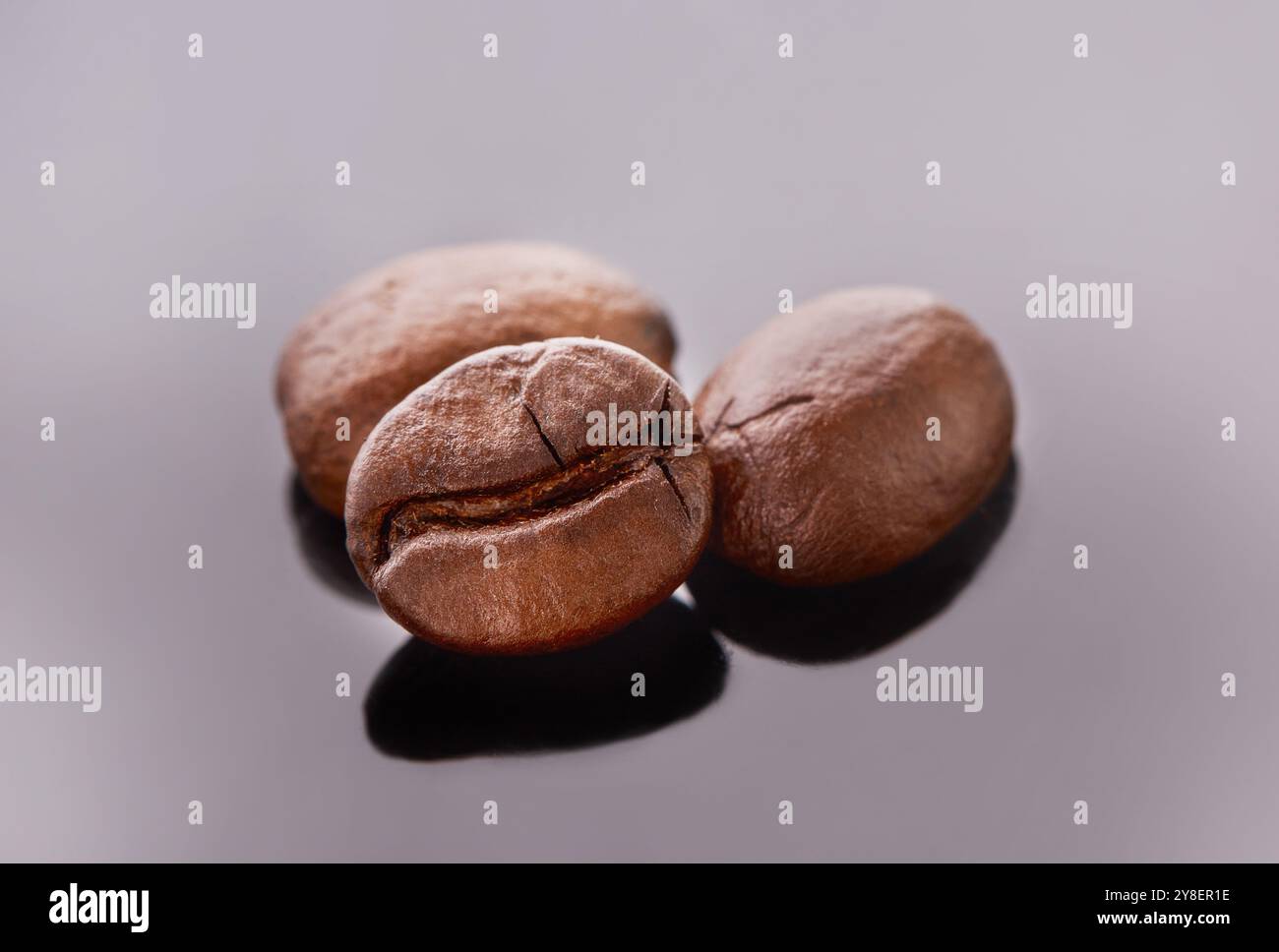 Monolocale, isolato e chicchi di caffè con gusto per caffè, bistrot e ingredienti per bevande calde. Spazio, robusta e grani e semi castani di grigio Foto Stock