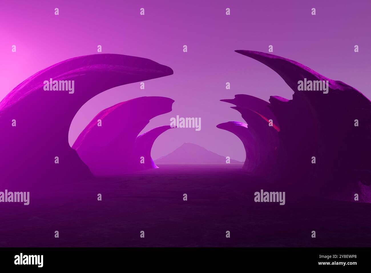 Illustrazione di rendering 3d Un paesaggio viola con una montagna sullo sfondo Foto Stock