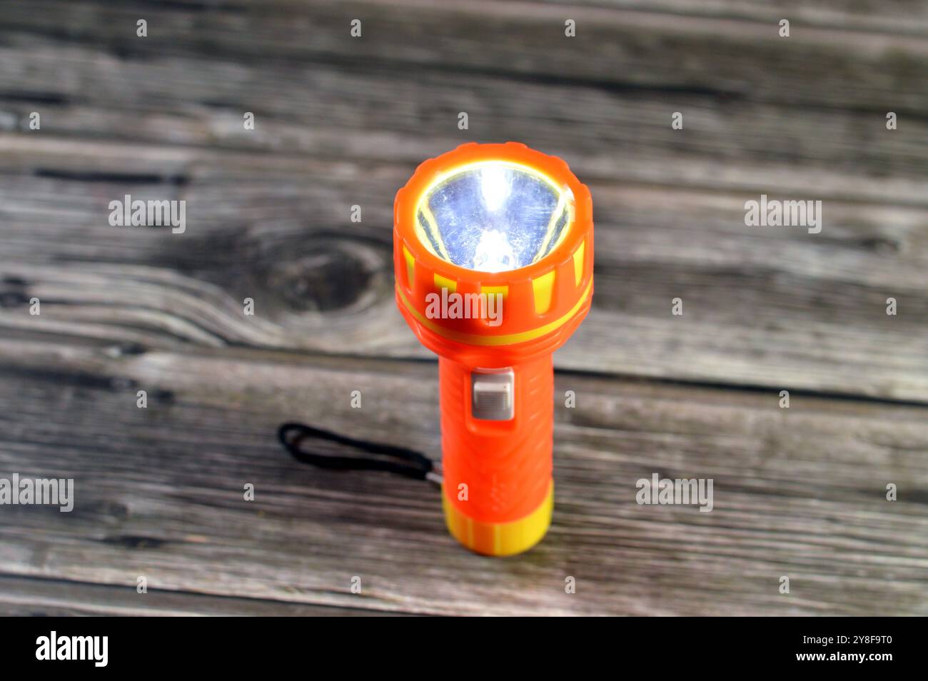 Torcia elettrica o torcia elettrica, una lampada elettrica portatile portatile, è costituita da una sorgente luminosa montata in un riflettore, un coperchio trasparente, una batteria Foto Stock