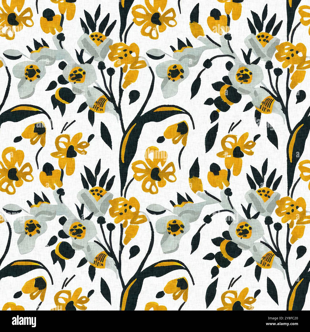 Moderno motivo blockprint in tessuto stampato con fiori selvatici e texture in lino. Motivi floreali boho scuri disegnati a mano stilizzati per elementi di design decorativi Foto Stock