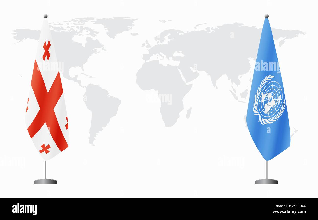 Bandiere della Georgia e delle Nazioni Unite per l'incontro ufficiale sullo sfondo della mappa mondiale. Illustrazione Vettoriale