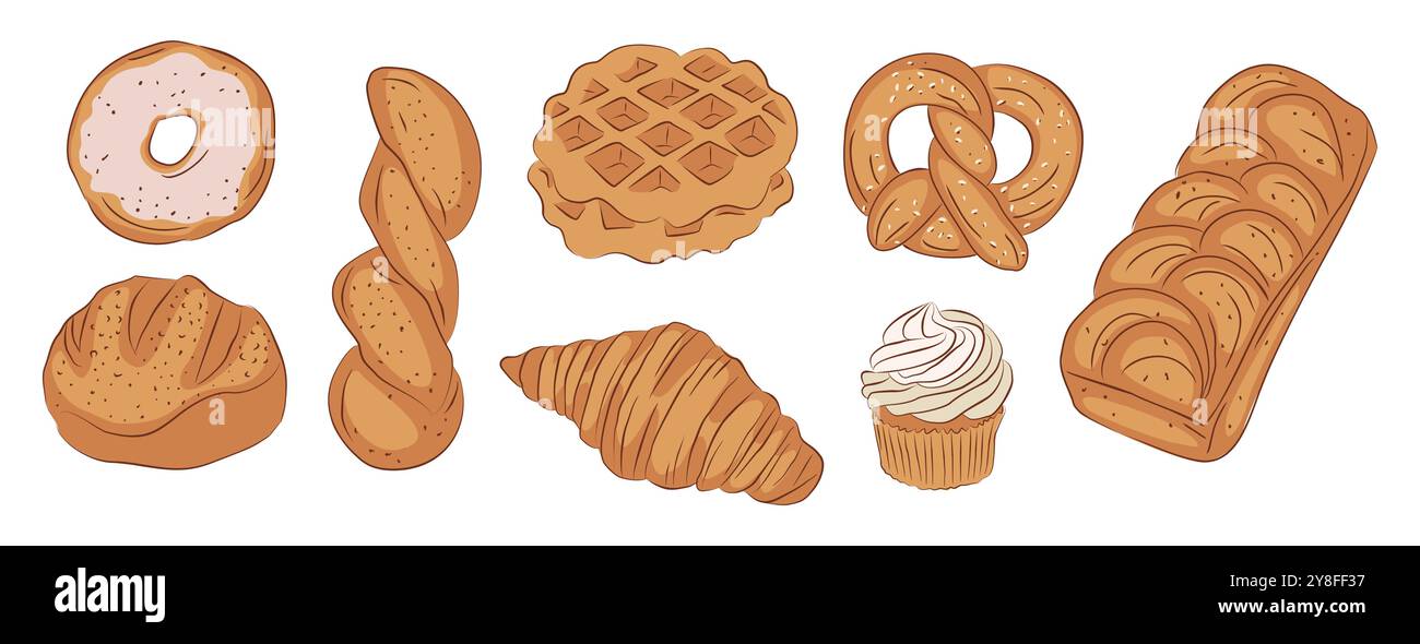 Set di pane, prodotti da forno fatti in casa isolati Illustrazione Vettoriale