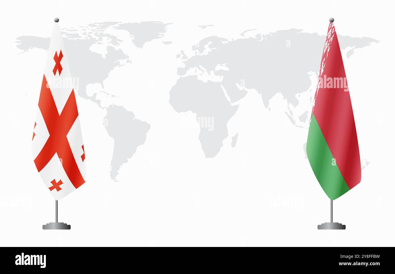 Bandiere della Georgia e della Bielorussia per riunioni ufficiali sullo sfondo della mappa mondiale. Illustrazione Vettoriale