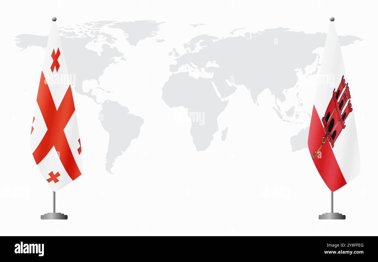 Bandiere della Georgia e di Gibilterra per l'incontro ufficiale sullo sfondo della mappa mondiale. Illustrazione Vettoriale