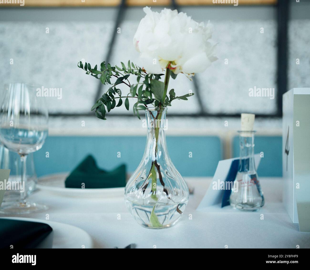 Disposizione floreale minimalista in vaso di vetro. Foto Stock