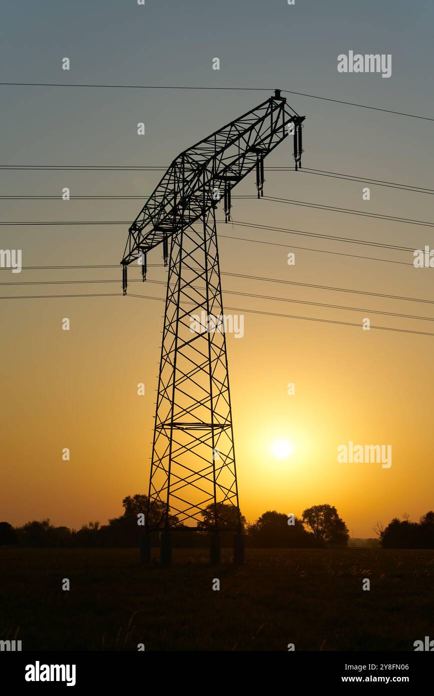 Alba suggestiva su un campo con un'asta di alimentazione la mattina presto in Germania Foto Stock