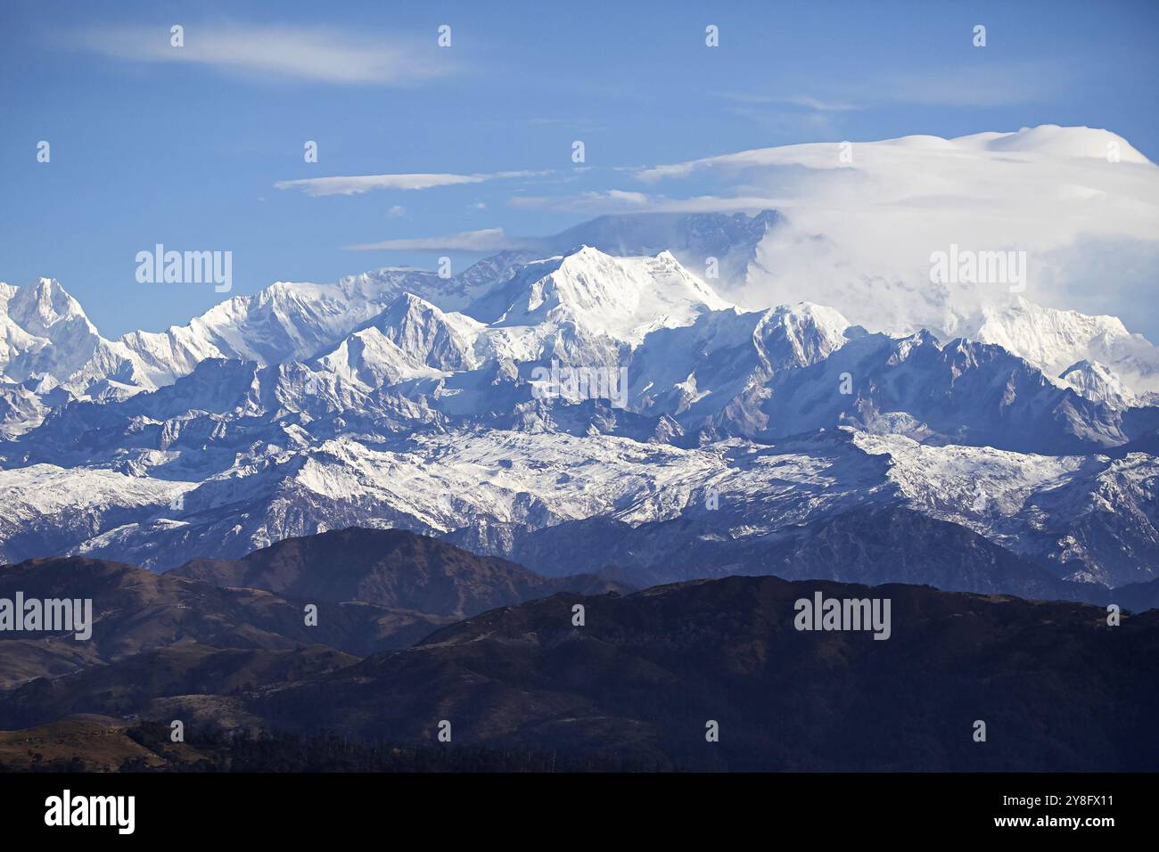 Monte Everest, Kanchenjunga e altri da Sandakphu, Nepal, India Foto Stock