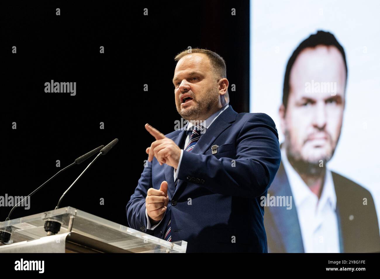 Hradec Kralove, Repubblica Ceca. 5 ottobre 2024. I socialdemocratici cechi (SOCDEM) sono un partito finanziariamente stabile con una performance economica positiva ha detto a Michal Smarda, nella foto, il presidente uscente del partito all'odierno congresso SOCDEM a Hradec Kralove, Repubblica Ceca, 5 ottobre 2024. Crediti: David Tanecek/CTK Photo/Alamy Live News Foto Stock