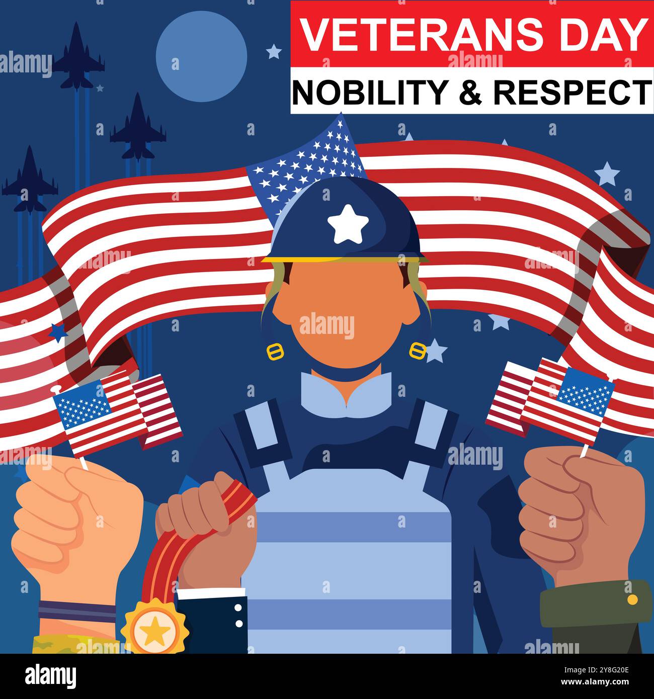 Biglietto d'auguri per il Veterans Day con stelle su sfondo bianco. Onorando tutti coloro che hanno servito. Illustrazione vettoriale. Illustrazione Vettoriale