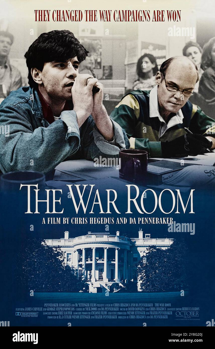 The War Room (1993) diretto da Chris Hegedus e D.A. Pennebaker e interpretato da James Carville, George Stephanopoulos e Heather Beckel. Un documentario dietro le quinte della campagna presidenziale di Bill Clinton del 1992, incentrato sugli strateghi James Carville e George Stephanopoulos. Fotografia di un poster originale da 1993 US a un foglio. ***SOLO PER USO EDITORIALE*** credito: BFA / Film di ottobre Foto Stock