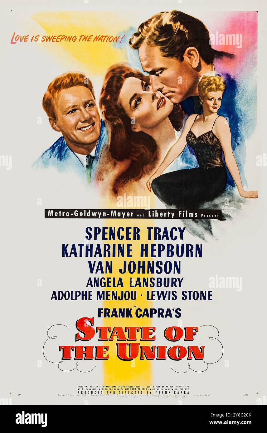 State of the Union (1948) diretto da Frank Capra e interpretato da Spencer Tracy, Katharine Hepburn e Angela Lansbury. Un industriale viene persuaso a candidarsi alla presidenza, affrontando sfide politiche e personali lungo il percorso. Fotografia di un poster originale completamente restaurato e rivestito in lino da 1948 US a un foglio. ***SOLO PER USO EDITORIALE*** CREDITO: BFA / MGM Foto Stock