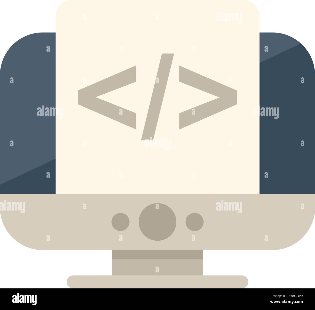 Questa icona minimalista presenta uno schermo del computer che visualizza codice html, che rappresenta lo sviluppo e la programmazione Web Illustrazione Vettoriale